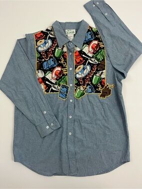 The Quacker Factory Coffee Time Chambray Button Front Shirt Embroidered womens L